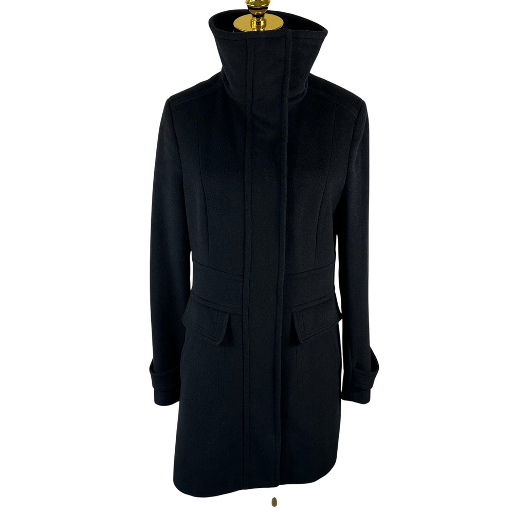 Cole Haan Signature Wool Blend Coat Women 6 Black Funnel Neck Minimalist Chic